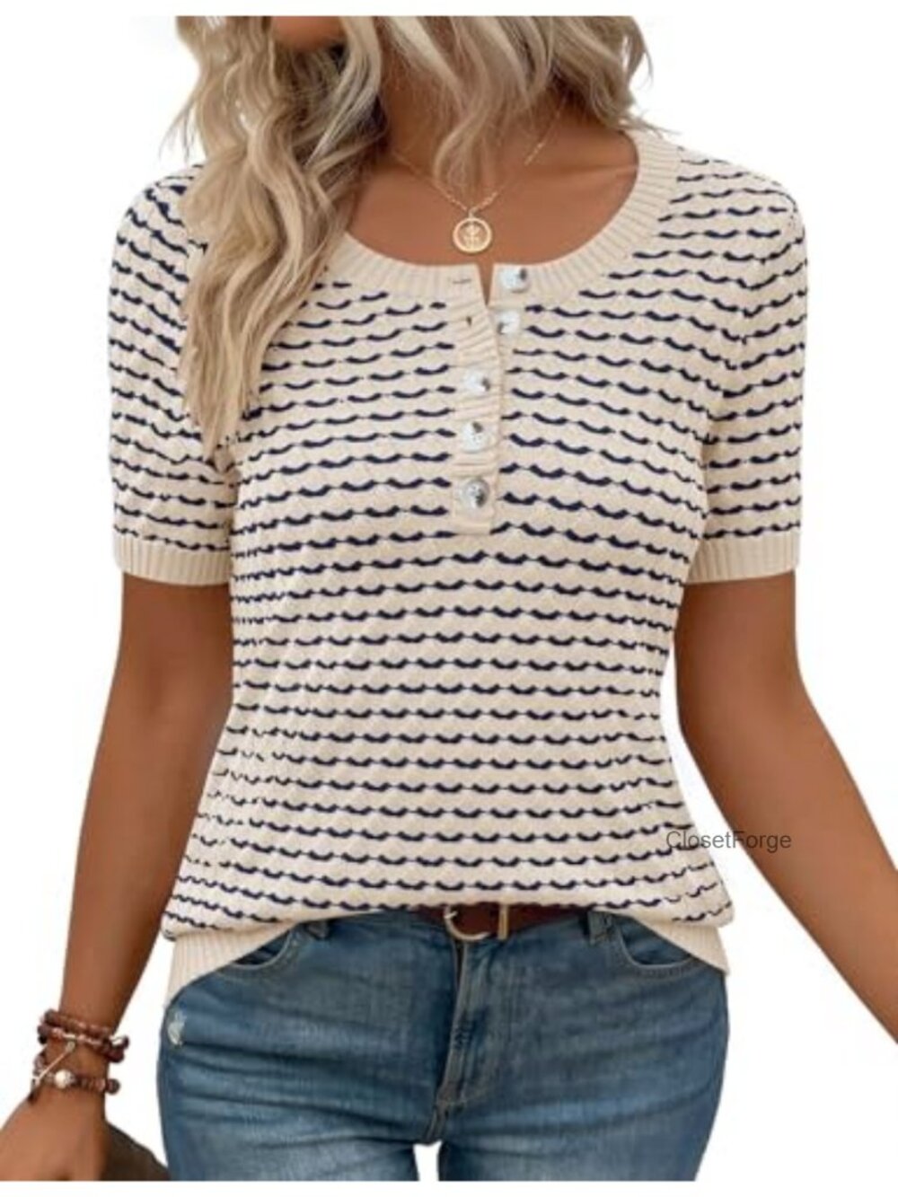 Women's Short Sleeve Henley Striped Pullover Sweater Lightweight Knit Top